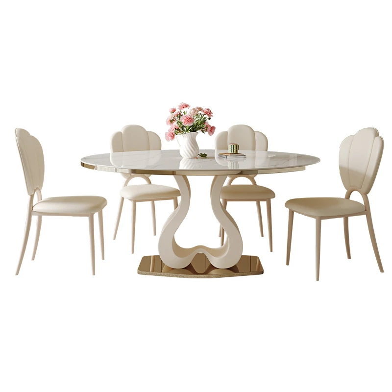 

French cream wind rock slab dining table and chair combination modern simple retractable folding square and circle dual-purpose