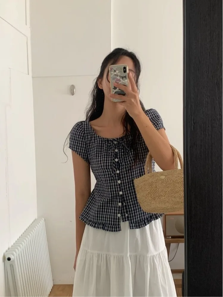 Chic Summer Anti-età Design vintage ort Sve Plaid irt Finiture in pizzo di classe da donna Bottone singolo Pendolarismo Sle Taglio dritto