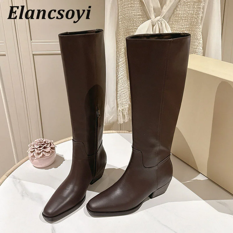 Knight Boots Women's Genuine Leather String Bead Sides Zipper Knee-high Boots Autumn Winter Square Toe Chunky Heels Long Botas