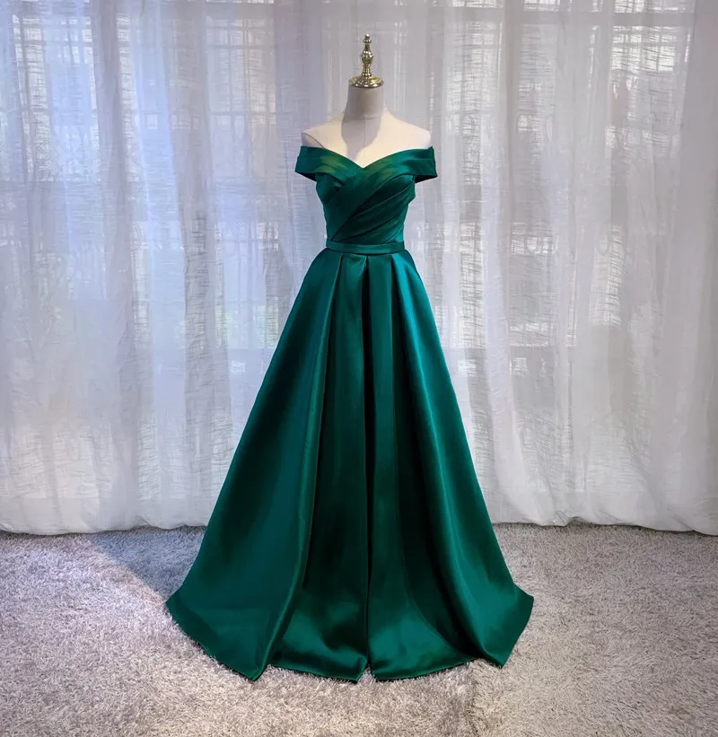 Off Shoulder Satin Evening  Dark Green Belted Banquet Party Dress Cap Sleeve A Line Formal Evening Dress Vestidos Customized