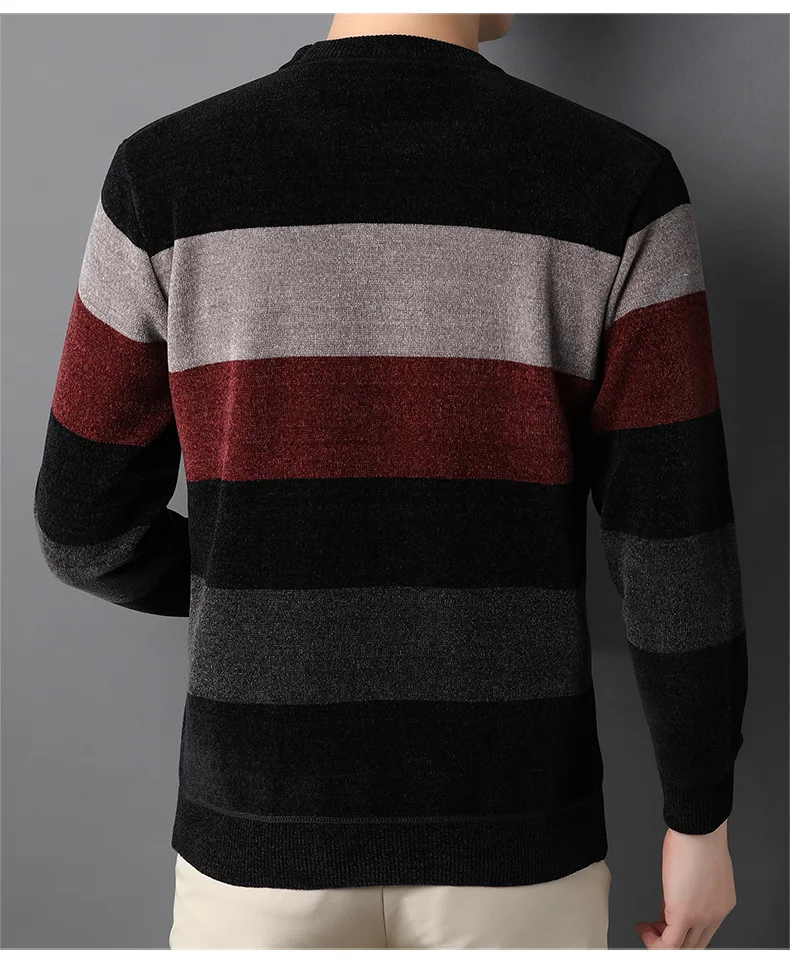 Korean Chenille Sweater Men's Fleece-lined Thickened Striped Thermal Bottoming Shirt Trendy Men round Neck Sweater