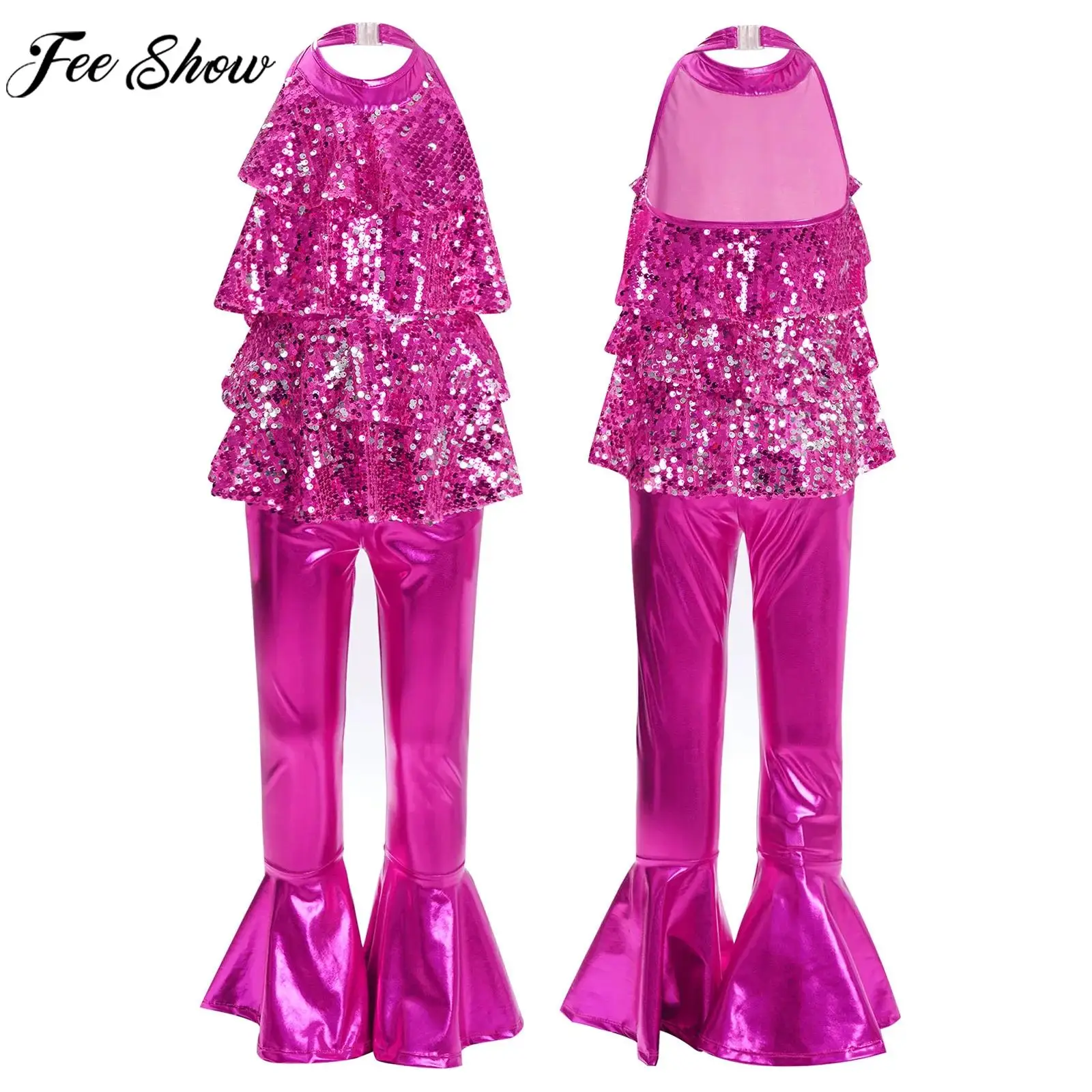 

Children Girls Shiny Jazz Dance Outfit Sequin Ballet Gymnastics Leotard Dress with Metallic Bell-bottom Pants for School Party