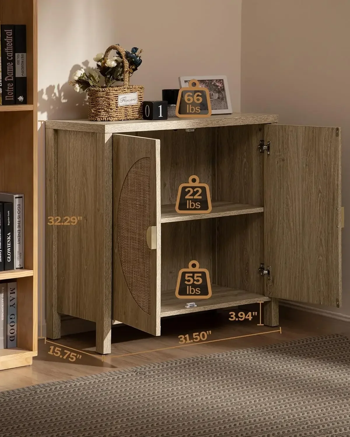Retro Wooden 2 Set Natural Rattan Buffet Cabinet  Sideboard Storage Cabinet , Console Table, Kitchen