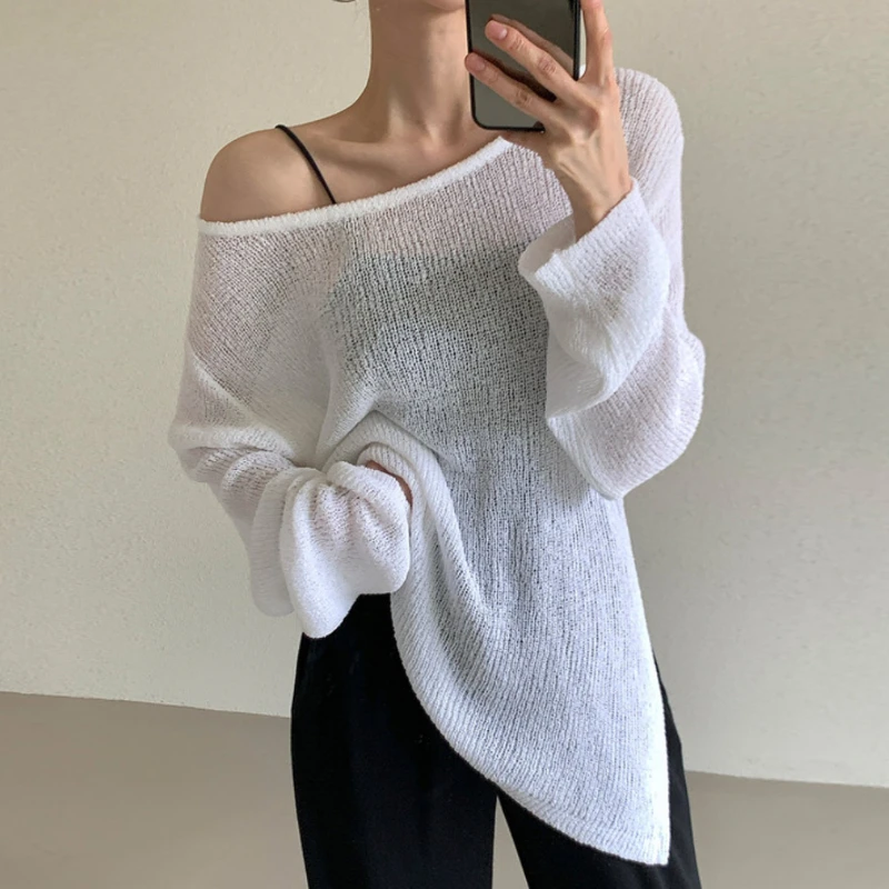 Koreanischer sanfter Stil, schulterfreies Langarm-Strickoberteil – locker sitzender Damen-Pullover mit einzigartigem Design und Sonnenschutz