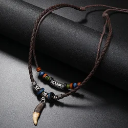 1pc Men's Fashionable Multi-Layer Personalized Wolf Tooth Woven Rope Necklace Suitable For Daily Wear, Outdoor Party Accessories