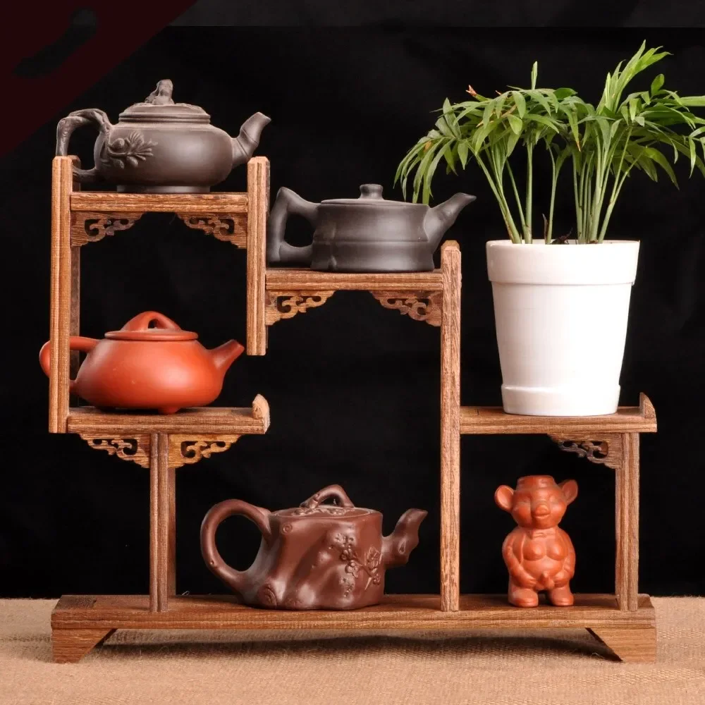 Chinese Kung Fu tea pot Crafts Display Holder Shelves Teapot Tea Set Wood carving Display Stand Decoration Home Tea Accessories