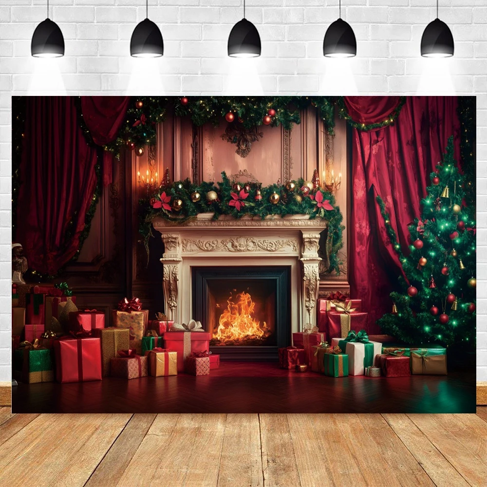 Red Christmas Fireplace Photography Backdrop Window Wreath Xmas Tree New Year Family Party Decoration Portrait Background Props