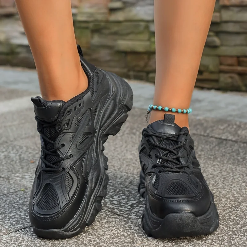 2026 New Spring Autumn Women New Fashion Platform Sport Shoes Women Black Casual Sneakers Women Mesh Leather Platform Shoes