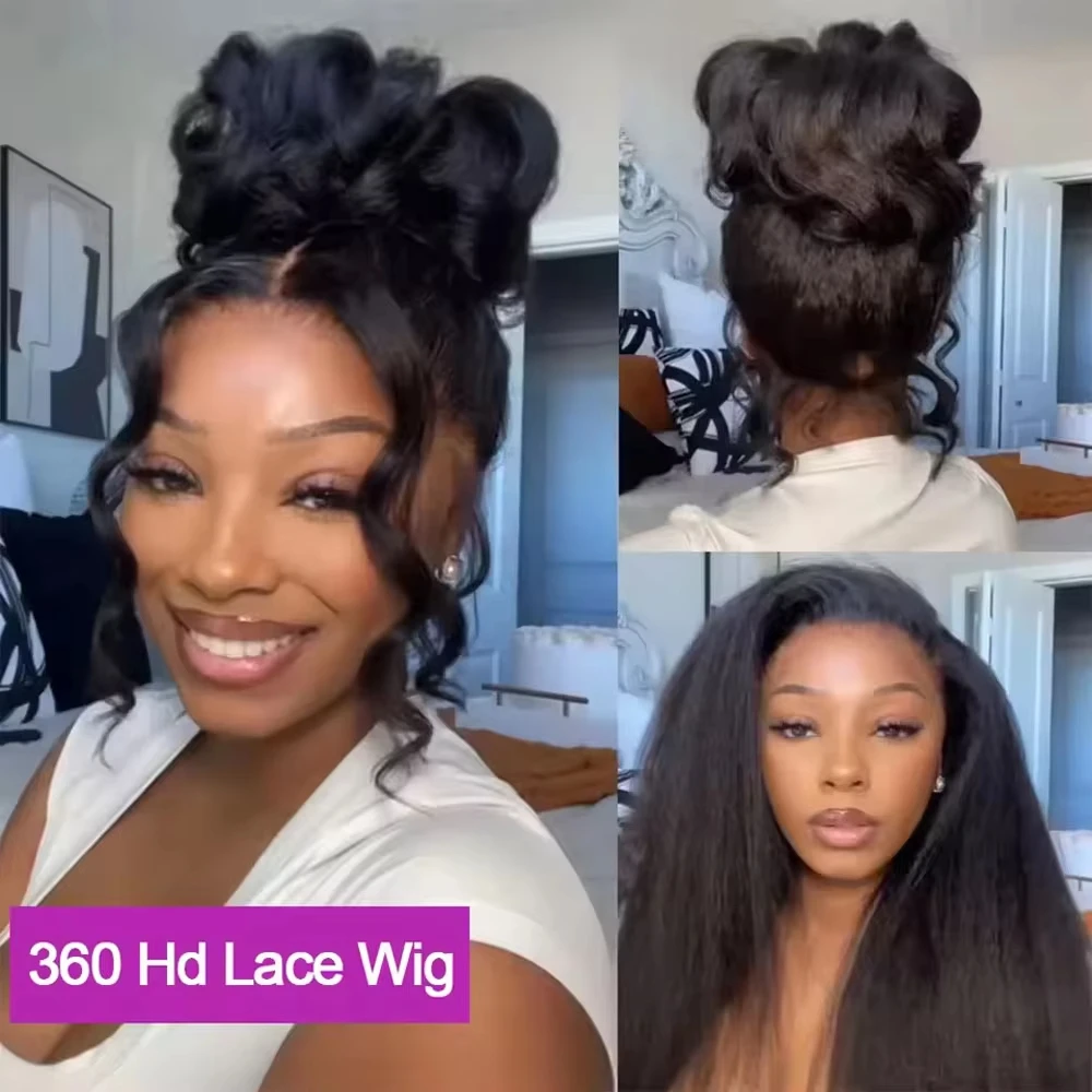 360 Invisible Drawstring  Kinky Straight Wig Full Lace Yaki Straight Human Hair Wig Pre Plucked 250% Density 34inch For Women