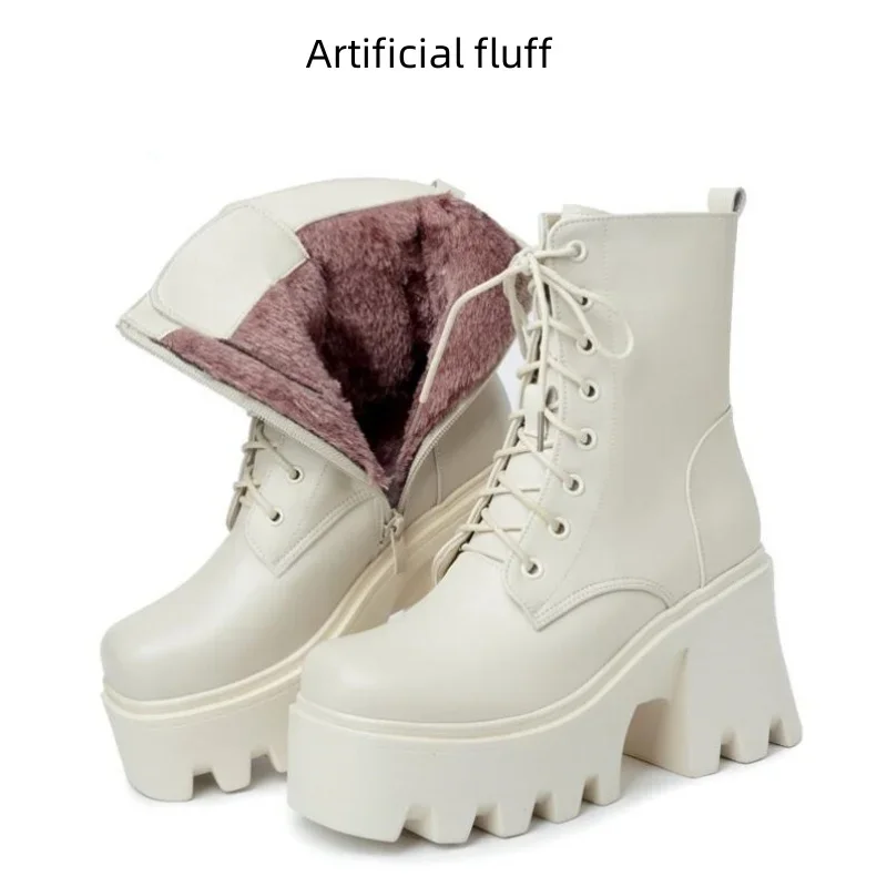 

386 New Women Ankle Boots Platform High Heel Genuine Leather Wool Warm Winter Boots Women Lace-up Fashion Biker Boots Women