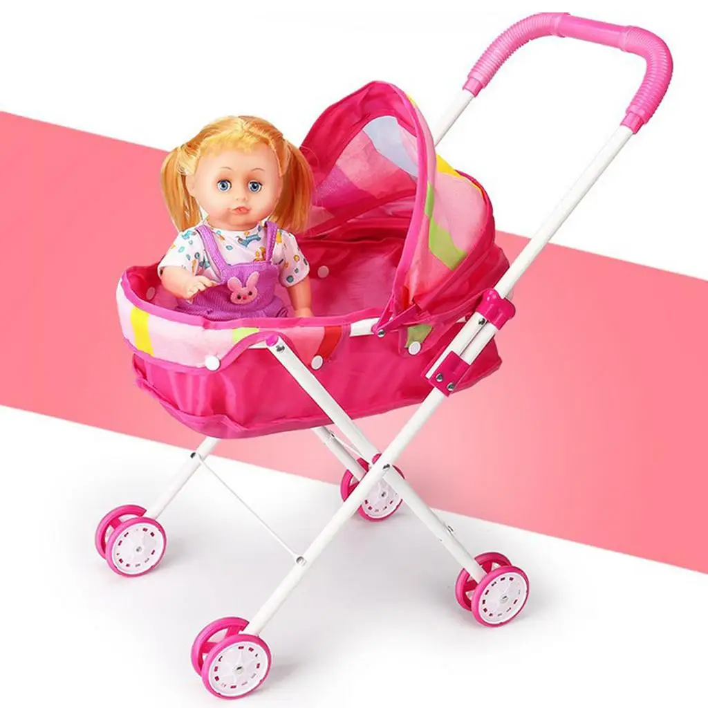 Mini Simulation Baby Doll Stroller Foldable Trolley Walker Toy for Pretend Play Child Dollhouse Accessories and Decoration