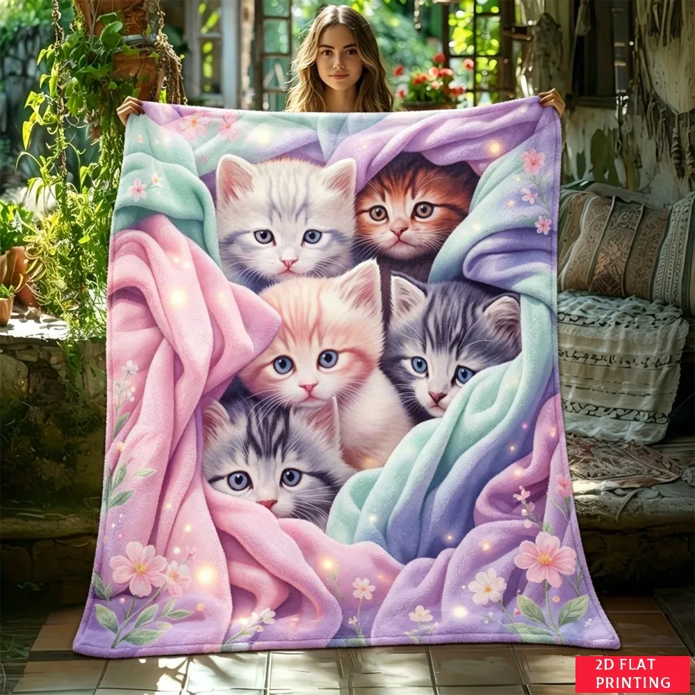 Starry Sky Kitten Cluster Dreamy Flannel Blanket For Whimsical Bedroom Decor Soft Warm Throw Blanket Wrap