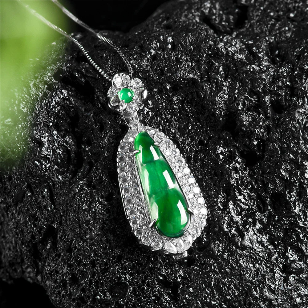 925 Silver Natural Green Jadeite Carved Gem Crystal Beans Lucky Pendant Amulet Necklace Certificate Luxury Jade Vintage Jewelry