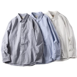 Japanese Vintage Long Sleeve Men's Casual Shirt Pure Cotton Oxford Weave Spring Autumn Versatile Washed Stripes Loose Fit Shirt