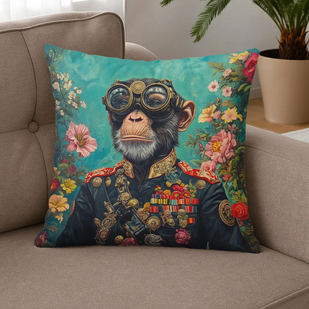 Steampunk Monkey Pillow Case, Vintage Military Ape Cushion Cover, Floral Art Home Decor for Sofa Bedroom Living Room Gift