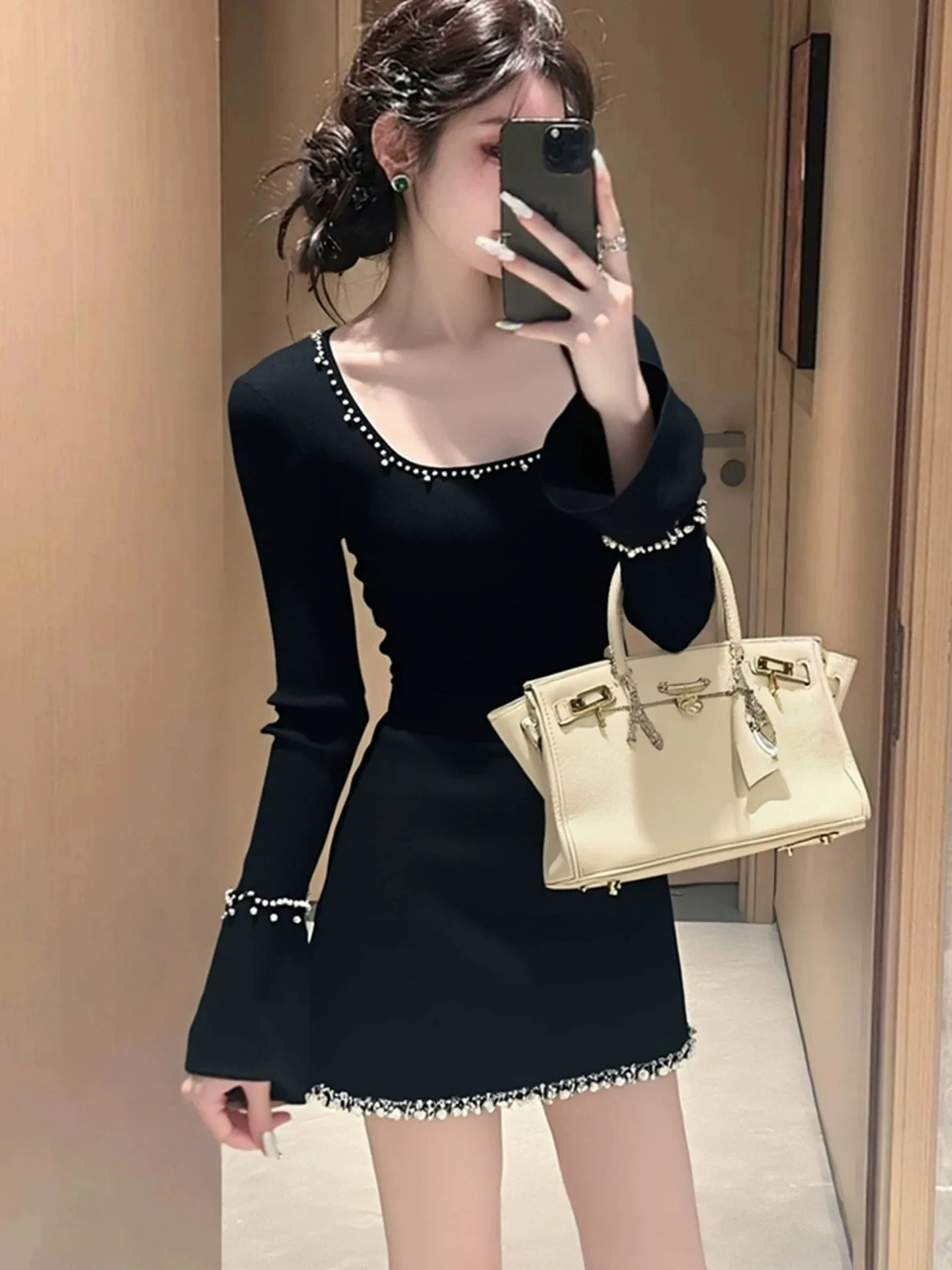 

Pure Desire Sweet Spicy Bla Square Collar Long Sve Knitted Dr Women's Inner Design Autumn Winter ort Skirt