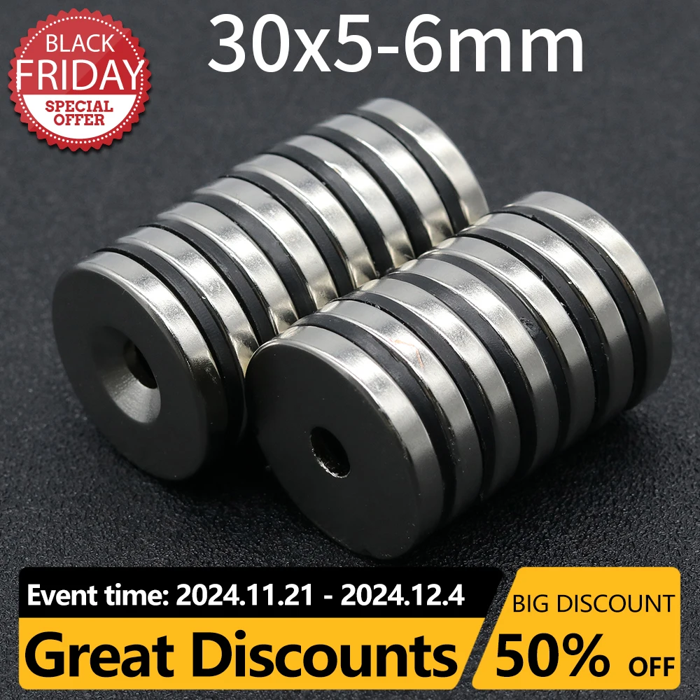 1/2/5/10Pcs Round Magnet 30x5-6 mm Neodymium Magnet N35 30x5hole6 Permanent NdFeB Super Strong Powerful Magnets imans