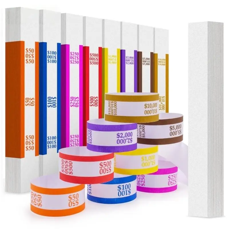 100Pcs Self-Sealing Money Straps Assorted Money Bands Bill Glued Duty-Kraft Floss Cash Currency Binding Tubes Fake Clinton Band