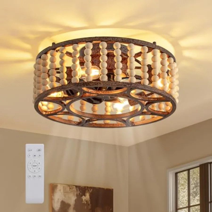 

20" Boho Ceiling Fan with Light Farmhouse Caged Ceiling Fan with Lights and Remote Control Flush Mount Wood Beaded Fandelier Re