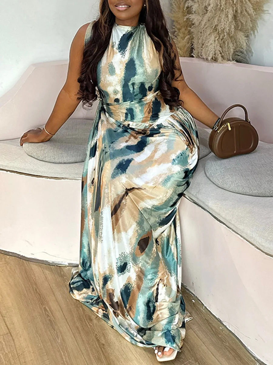 Ziml casual estilo praia impressão vestidos longos para mulheres em torno do pescoço sem mangas cintura alta emagrecimento dobras chique vestido feminino novo