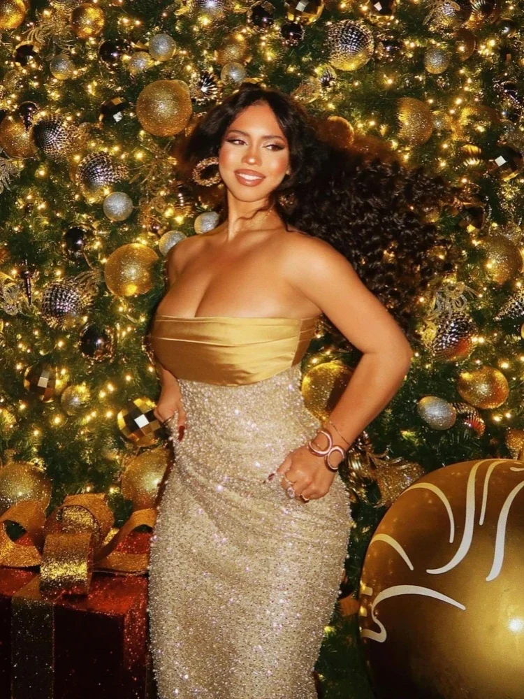 섹시한 Strapless 새틴 셔링 패치 워크 롱 드레스 여성 민소매 럭셔리 골드 진주 페르시 맥시 연예인 저녁 파티 드레스