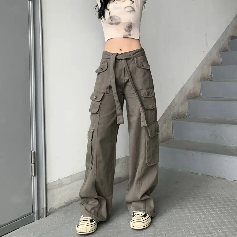 

Cargo Pants Women Summer Retro Straight-Leg Pants Straight High Waist Casual Trousers Korean Loose Wide Leg Pants