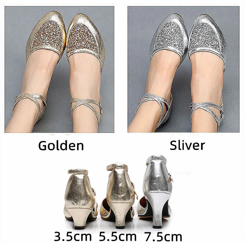 Scarpe da ballo latino da donna in oro argento con punta chiusa con paillettes per esterni/sala da ballo tango salsa scarpe da ballo per feste per