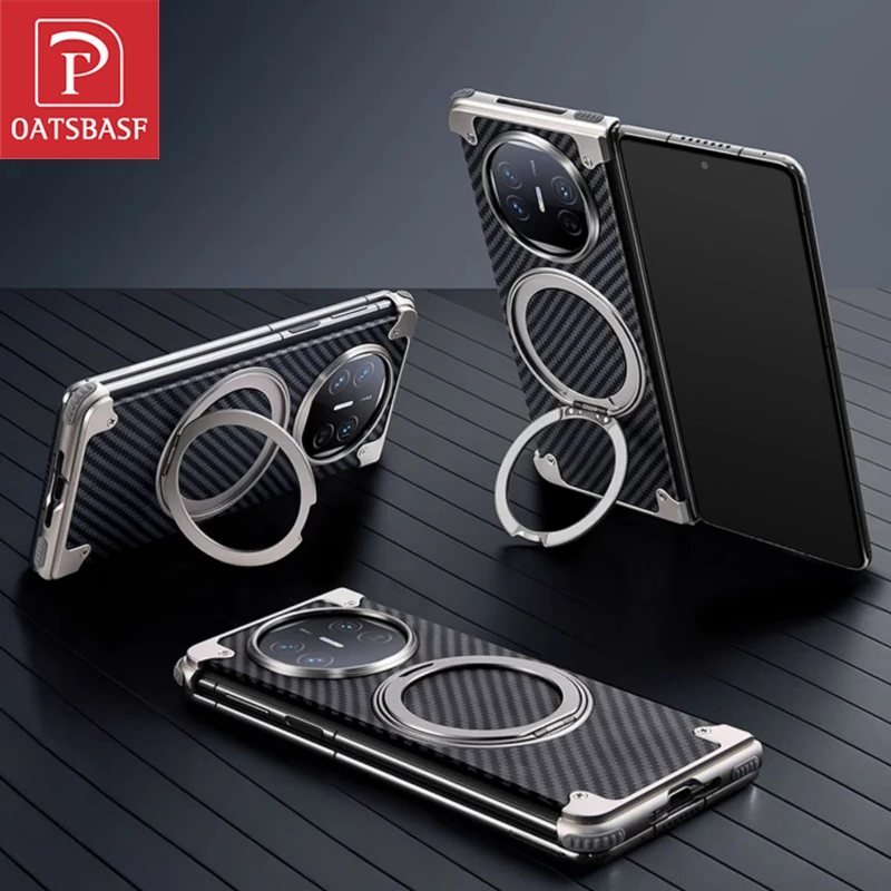 

Oatsbasf Carbon Fiber Texture Phone Case for Huawei Mate X3/X5 with 360° Rotate Stand Metal Frame Protective Cover Shockproof