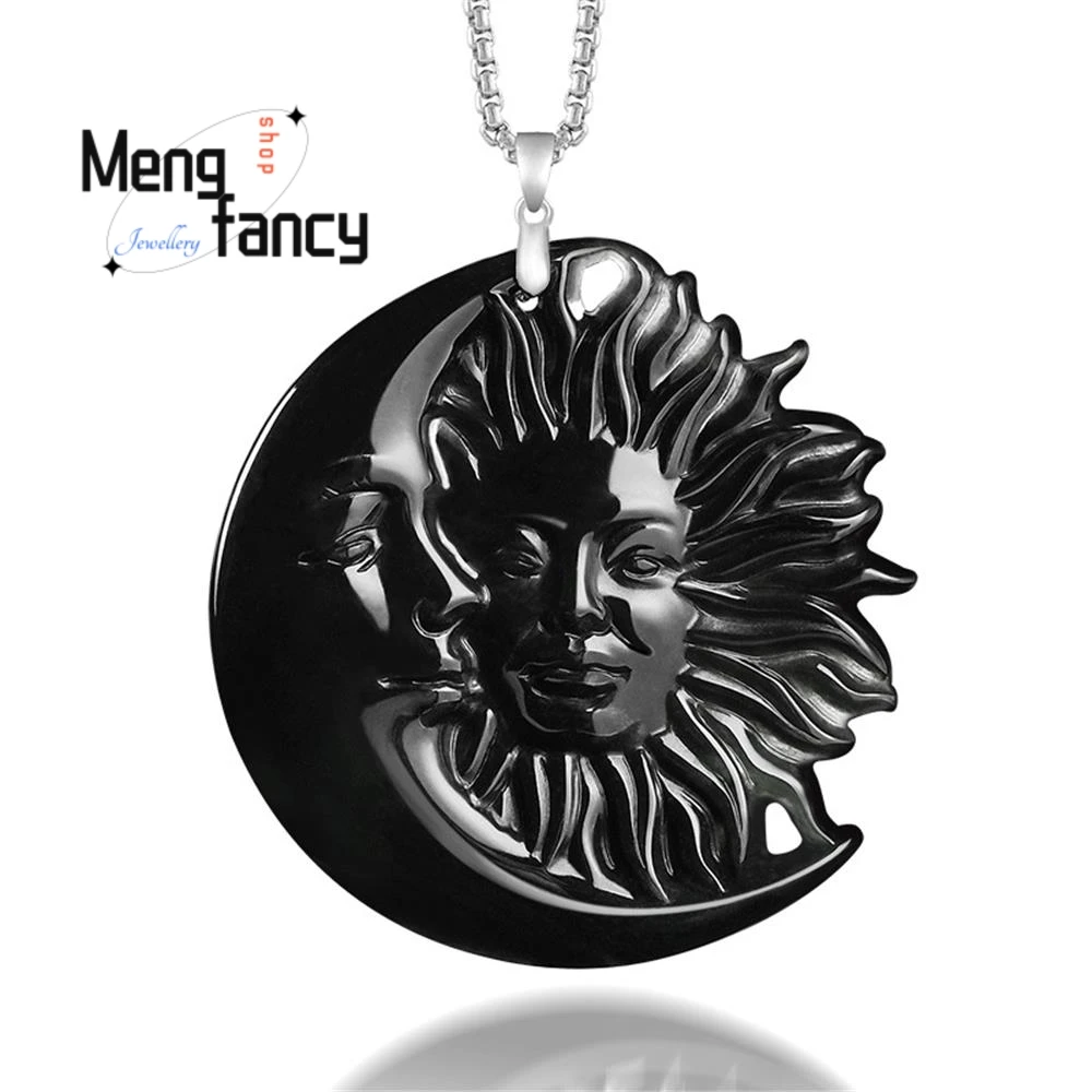 

Natural Burmese A-grade Jadeite Black Jade Sun Moon Face Pendant S925 Silver Buckle Personalized Hip-hop Popular Fashion Jewelry