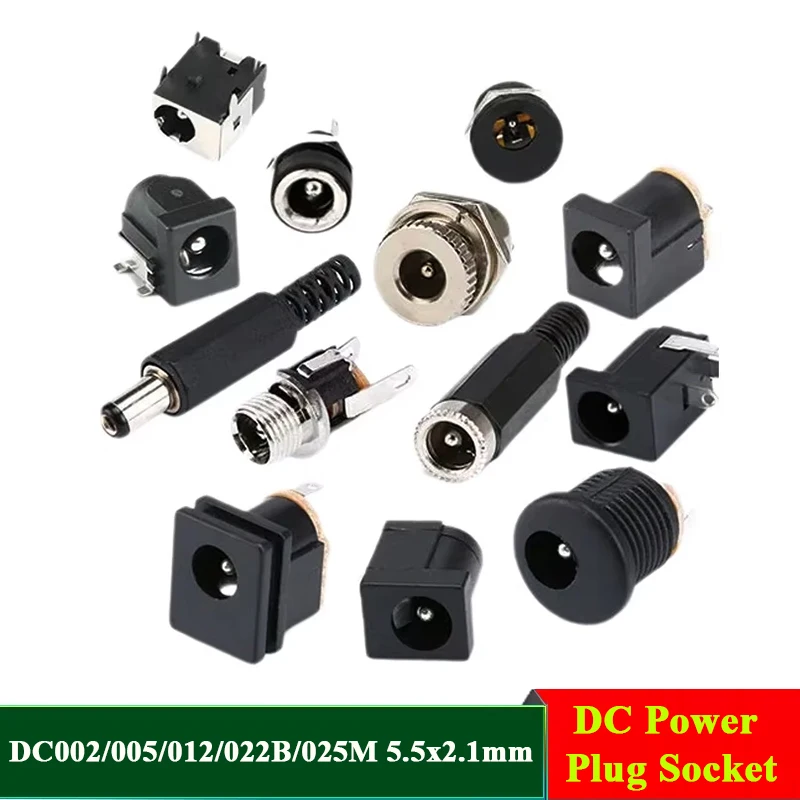 DC Power Plug Socket DC002/005/012/022B/025M 5.5x2.1mm Male 5.5x2.5mm Female 3.5x1.1mm Circular Hole Panel Mount Solder Type DC