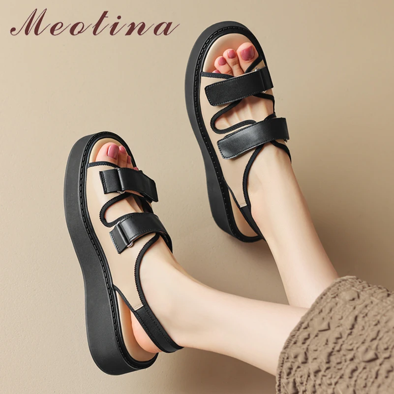 

Meotina Women Shoes Genuine Leather Buckle Sandals Flat Round Toe Mixed Colors Ladies Fashion Casual Shoes Summer White 40