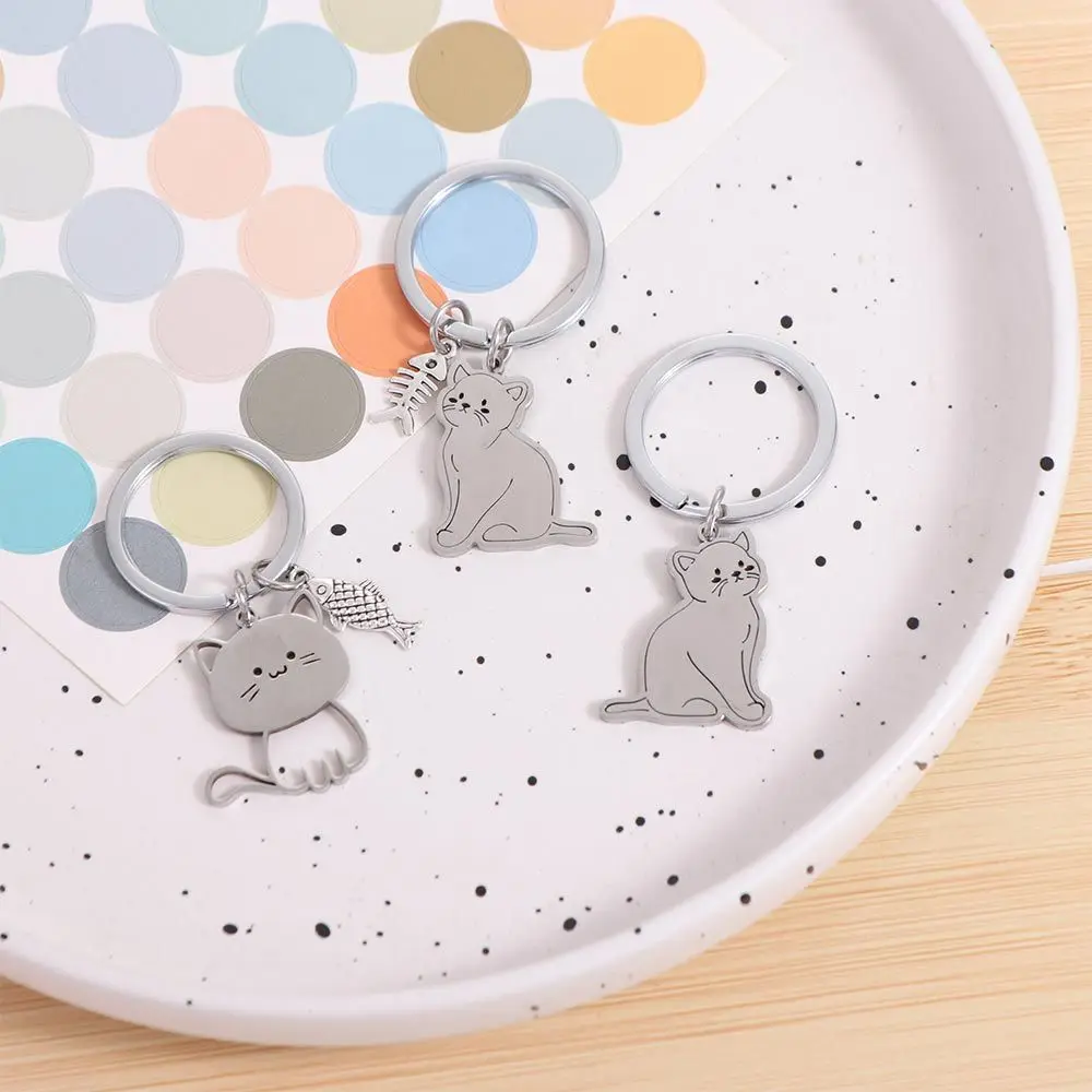 Funny Stainless Steel Cat Fish Keychain Key Holder Couple Lovers Cat Key Ring Animal Cartoon Kittens Keychain Bag Charm