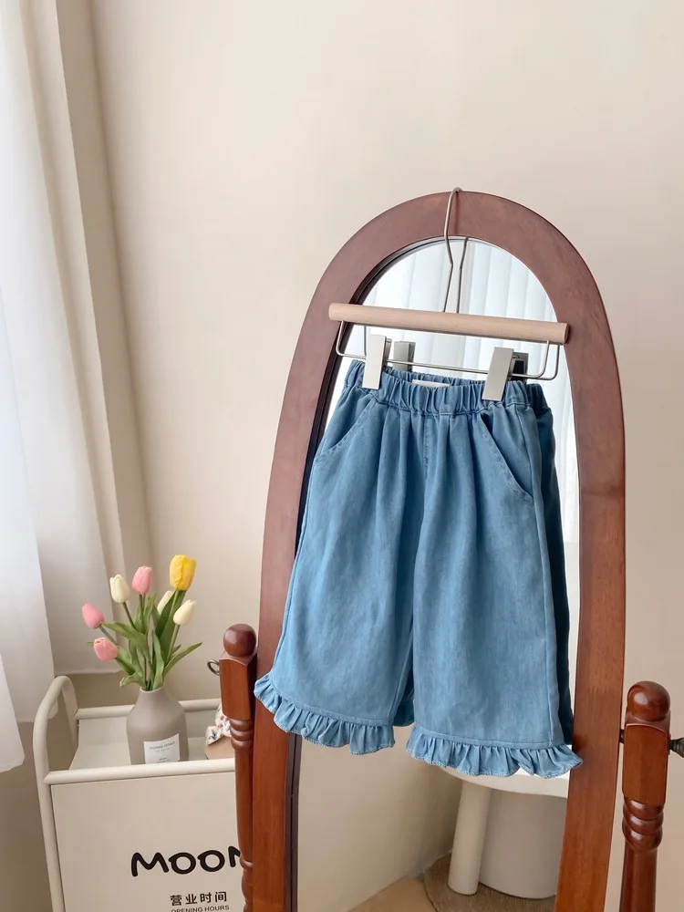 

Girls' Lace Jeans 2025 New Summer Stylish Wide Leg Pants for Baby Girlscropped Pants
