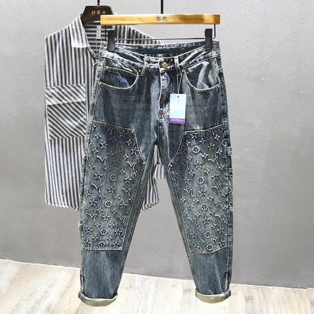 Mens Casual Blue Printed Y2k Jeans Autumn And Winter New Street Trend Mid-Waist Loose Trousers Fashion Straight Pants For Men