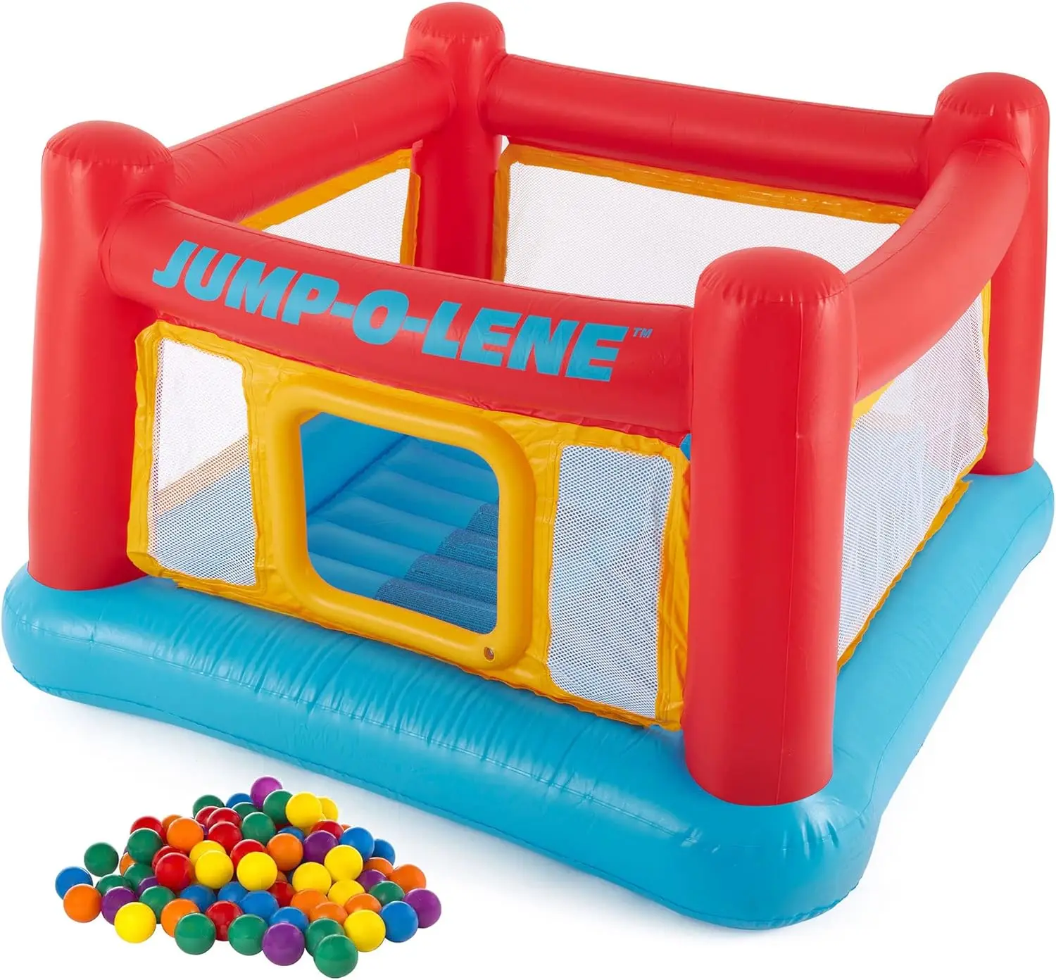 Intex Inflatable Jump-O-Lene Trampoline Bounce House with Crawl-Thru Door & Small Plastic Multi-Colored Fun Ballz 100 Pack