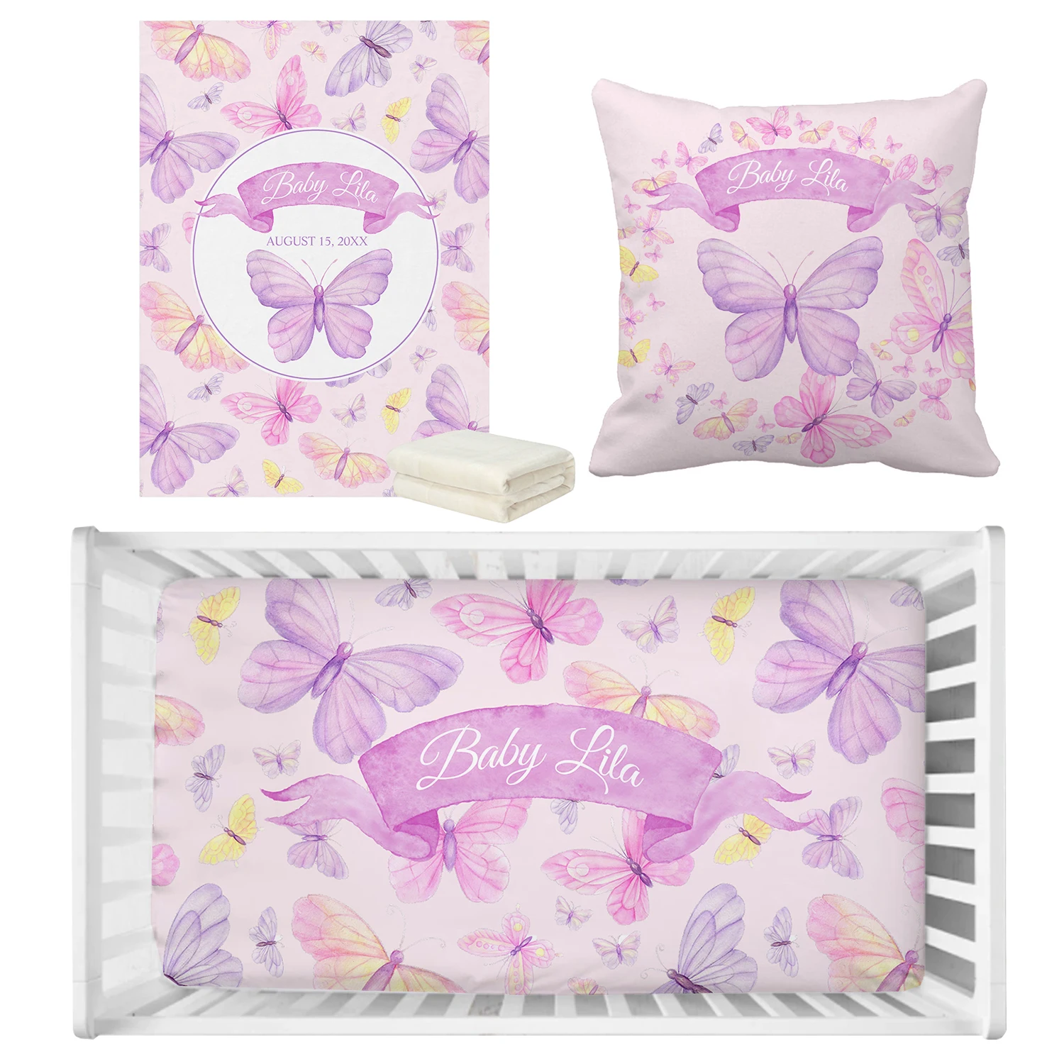 LVYZIHO Custom Name Beautiful Pink and Purple Butterfly Baby Bedding Set, Birthday Gift Toddler Gift, Baby Shower Bedding Set