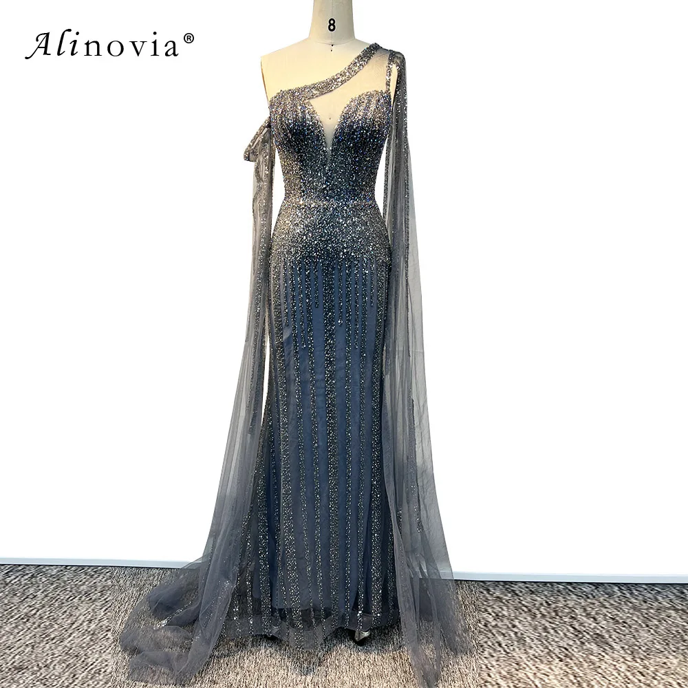 Alinovia-vestido de noche de sirena árabe para mujer, traje de lujo de un hombro con cuentas de cristal, largo, Formal, para fiesta de graduación y boda, 2023