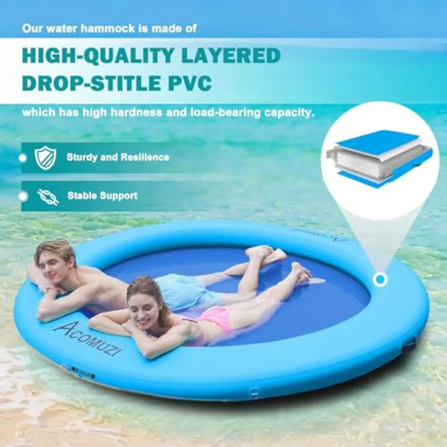 Water Hammock Inflatable Floating Dock for lakes and oceans, heavy-duty PVC material, blue color, ultra-stable round design wit