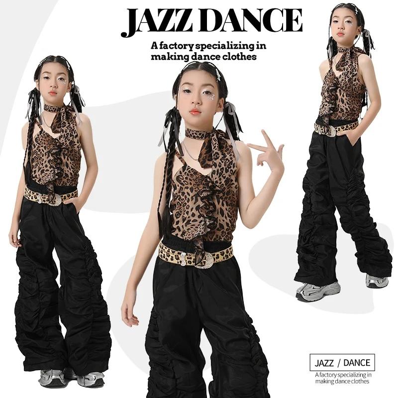 

New Retro Leopard Print Ruffle Edge Tops Loose Black Pants Hip Hop Dance Streetwear For Girls Modern Jazz Stage Clothes DQS19314
