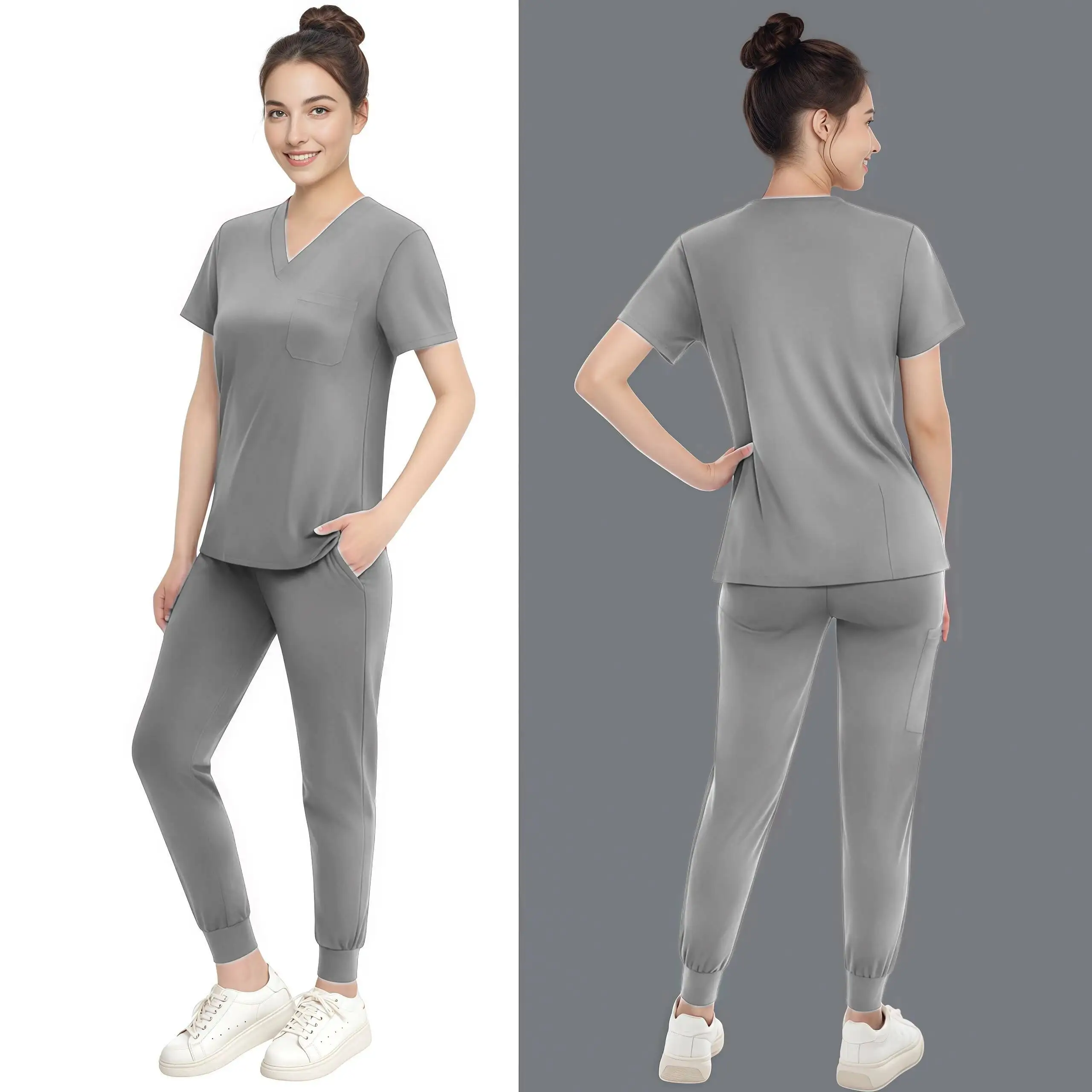 Multicolour Jogger Suit Doctor Nursing Uniforms Medical Clinical Clothes Short Sleeve V-Neck Tops Pocket Pants Nurse Scrubs Set