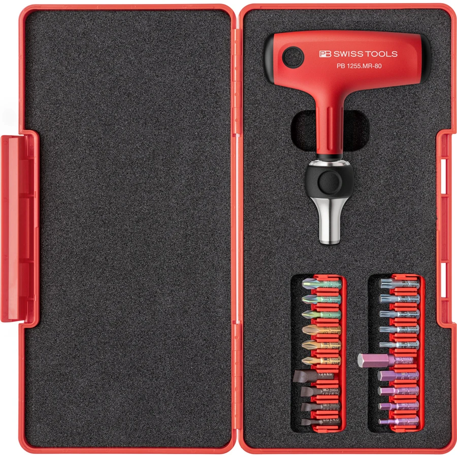 PB SWISS Tools PB 1255.MR Set CBB Cross Handle Universal Bit Holder with Ratchet Screwdriver with 20 Screwdriver Bits