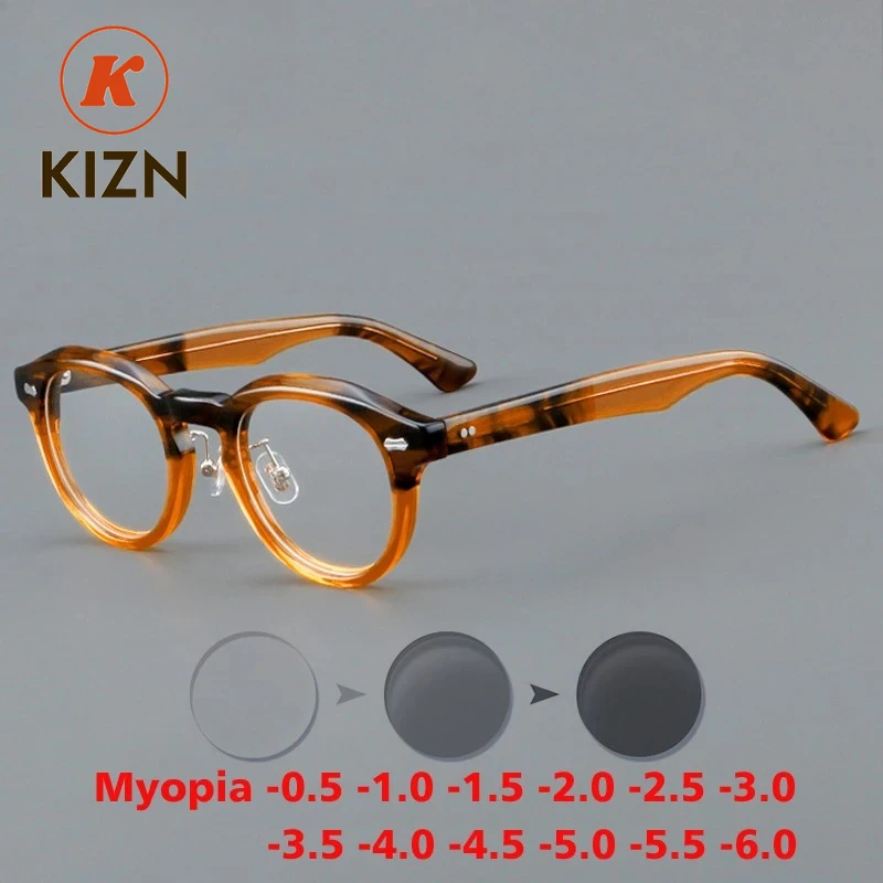 

KIZN круглые винтажные ацетатные очки для близорукости с анти-синим обесцвечиванием, оправа для очков, мужские оптические очки по рецепту, женские очки-0,5 ДО-6,0