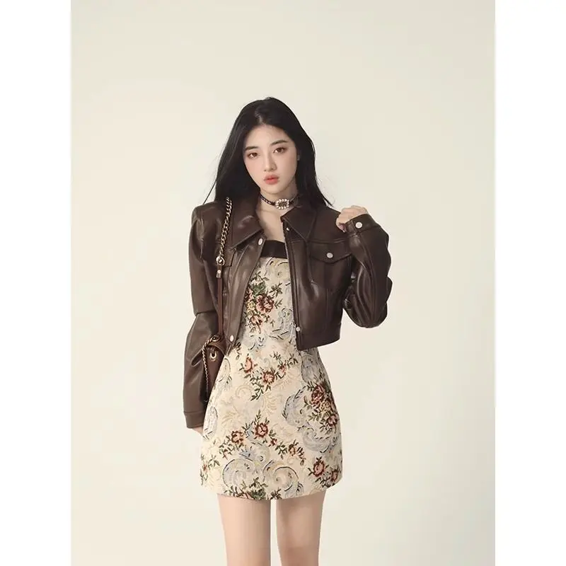 

Korean Two Piece Set Dress Cropped Brown Leather Jacket Women Punk Fashion Zipper Moto Biker Leather Coat Streetwear Casual