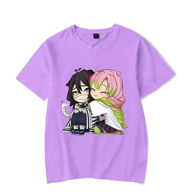 Śmieszne Kanroji Mitsuri Iguro Obanai Cartoon Print T-Shirt Couple Loose Short Sleeve Round Neck Top Anime Casual Shirt Tees