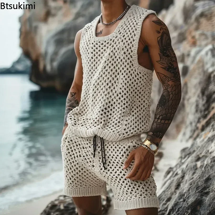 2024 Men\'s Summer Casual Knit Two-piece Sets Fashion Solid Loose Tank Tops and Shorts Beach Sport Suit Men Hollow Out Streetwear