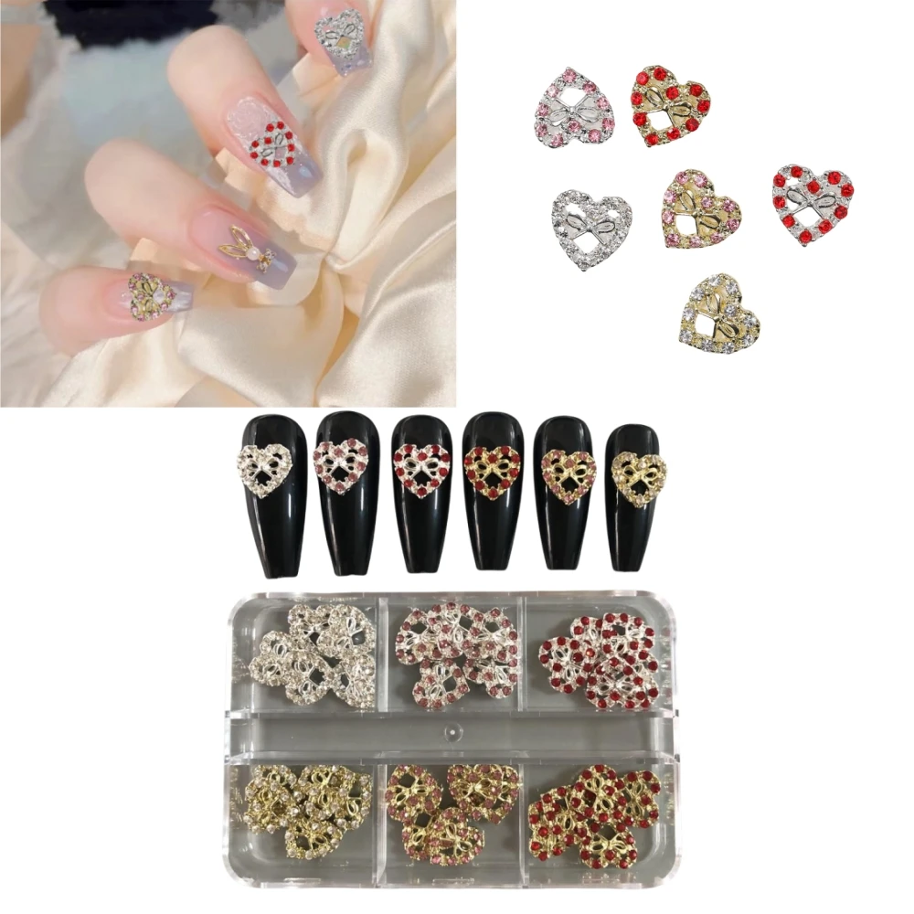 

30Pcs Valentine's Day Gorgeous Bling Luxurious Golden Silver Pink Love Heart Bow Alloy Crystal Diamond Nail Art Charm Decoration