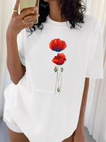 Plus size Women's Eco friendly Black T - shirt with Poppy Motif Ideal for Nature conservation Gatherings and Green - initiatives