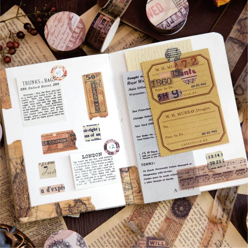 18.5mm*2m Vintage Washi Paper Tapes Junk Journal DIY Scrapbooking Creative Stationery Decor Diary Marking Adhesive Tapes