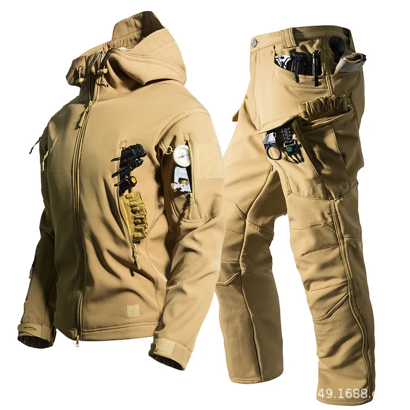 Herren Taktisches Softshell 2-Teiliges Set Kapuzen-Fleecejacke Multi-Taschen-Cargohose Winddichter Militäranzug für Outdoor-Wanderungen und Camping – Detail 6