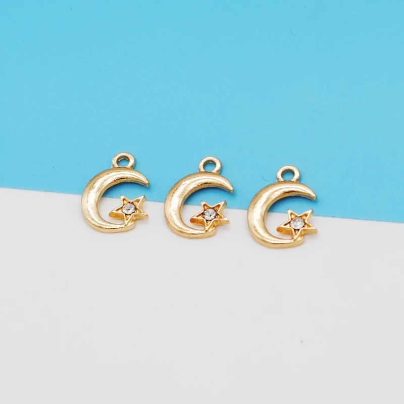 30PCS/Lot New Fashion Jewelry KC Gold Color Tone Moon&Star With Rhinestone Charm For DIY Jewelry Making Earring Accessories